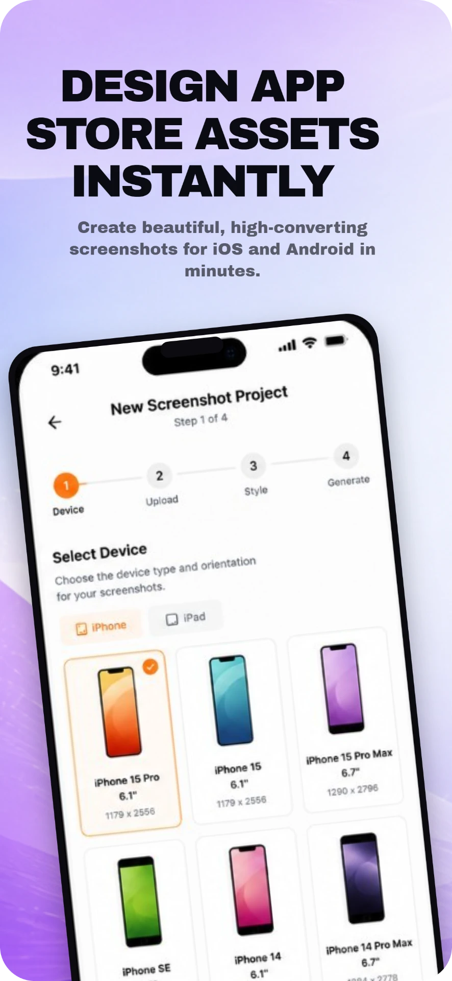 AppGenPro storyboard screen 1: Design App Store Assets Instantly